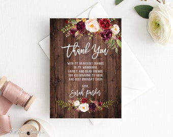 Birthday Thank You Card, Rustic Floral Birthday Thanks Card, Thank You Notes, BW86