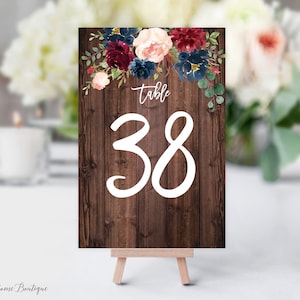 Numeri da tavolo per matrimoni, Numeri da tavolo bordeaux e blu scuro, Numeri da tavolo per compleanni, Numeri da tavolo stampabili, W391
