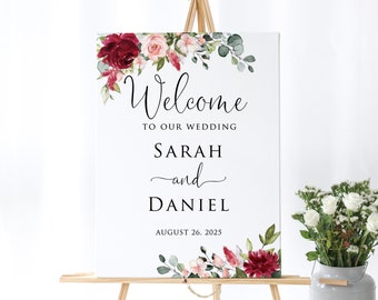 Burgundy Blush Wedding Welcome Sign, Burguny Wedding Welcome Sign, Floral Wedding Welcome Sign, Digital File, W1478-2