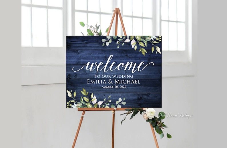 Rustic Navy Wedding Welcome Sign Navy Greenery Wedding image 1