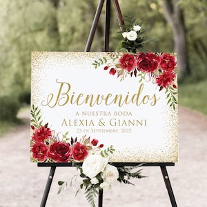 Bienvenidos a Nuestra Boda, Spanish Welcome Sign, Gold and Red Wedding Welcome Sign, Welcome To Our Wedding Sign, Digital File, W768-3