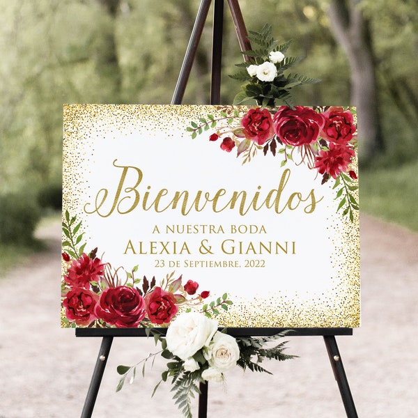 Bienvenidos a Nuestra Boda, Spanish Welcome Sign, Gold and Red Wedding Welcome Sign, Welcome To Our Wedding Sign, Digital File, W768-3