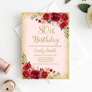 80th Birthday Invitation, Any Age Birthday Invitation, Red Birthday Invite, Boho Birthday Invite, Red and Gold Birthday, BW597