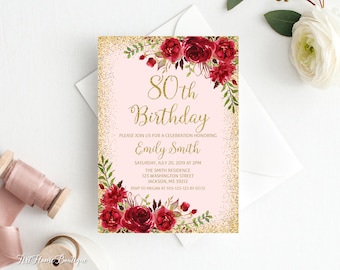 80th Birthday Invitation, Any Age Birthday Invitation, Red Birthday Invite, Boho Birthday Invite, Red and Gold Birthday, BW597