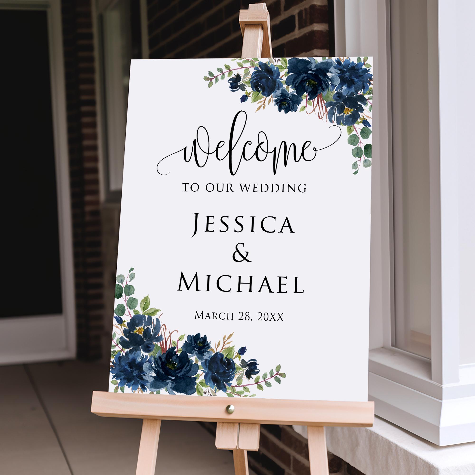 ウエルカムボード　UK-W7 Printed or Digital Navy Floral Wedding Welcome Sign, W507-1 - Etsy
