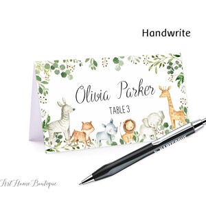 Tarjetas de lugar para baby shower con temática de safari, carpas con comida de animales de la jungla, etiquetas de comida, W1189