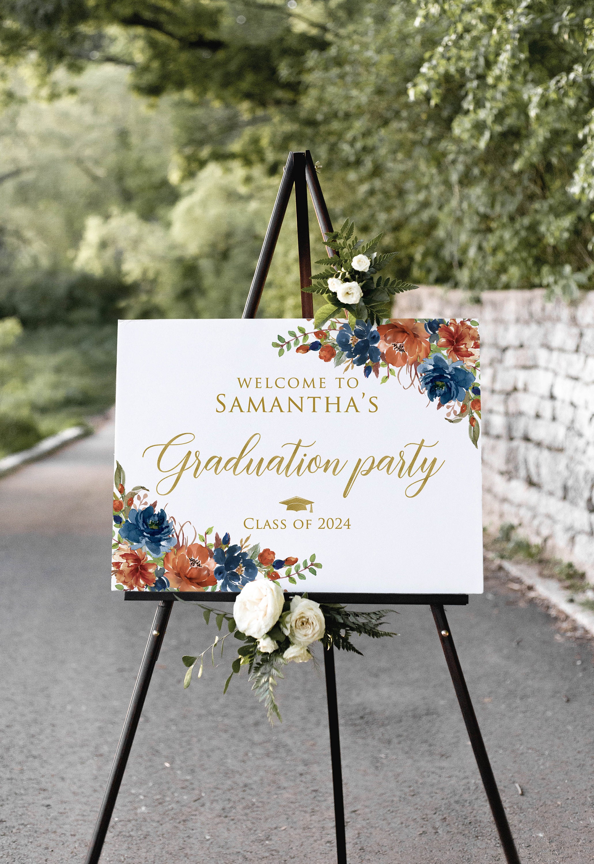 Navy Grad Sign Blue Terracotta Graduation Party Welcome Sign, Rust and Navy Graduation ...