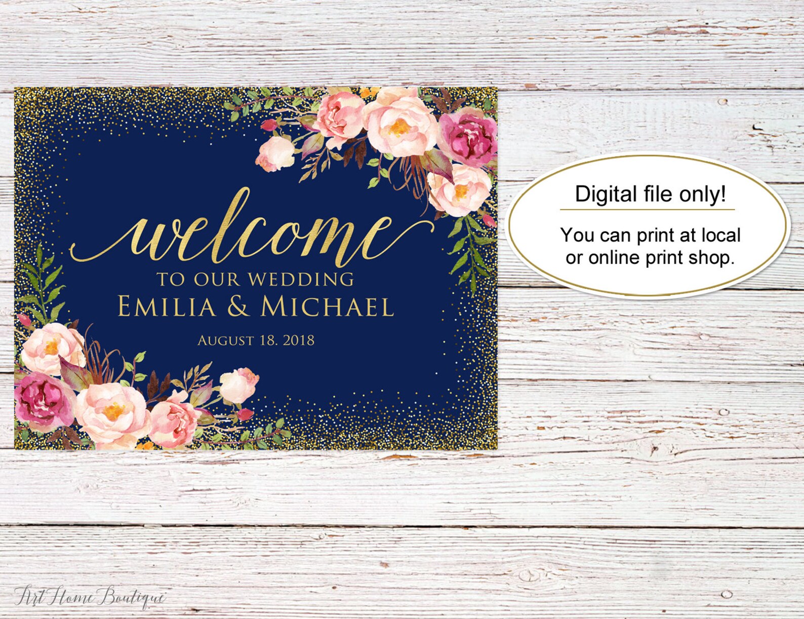 Navy Welcome Wedding Sign, Welcome to Our Wedding Sign, Horizontal ...