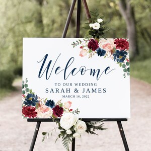 Navy Wedding Welcome Sign, Blue Wedding Sign, Burgundy and Navy Wedding, Landscape, Marsala Wedding Sign, W1218