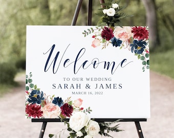 Navy Wedding Welcome Sign, Blue Wedding Sign, Burgundy and Navy Wedding, Landscape, Marsala Wedding Sign, W1218