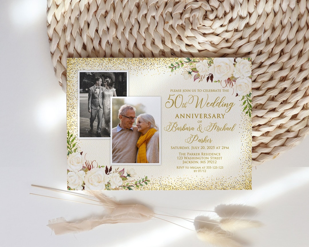 Woodmansterne 50th Golden Anniversary Card - Gold Floral Roses Design, 159x159mm