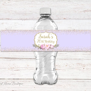 Water Bottle Labels, Any Age Personalized Water Bottle Label, Lavender and Gold Bottle Labels, Purple Labels, Digital File, BW25