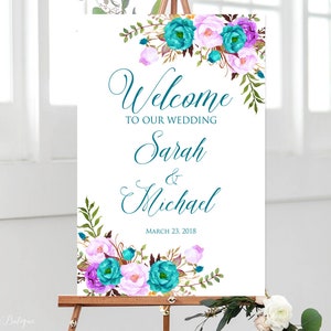 Teal Purple Wedding Welcome Sign, Welcome To Our Wedding Sign, Purple and Turquoise Welcome Sign Printable, W365