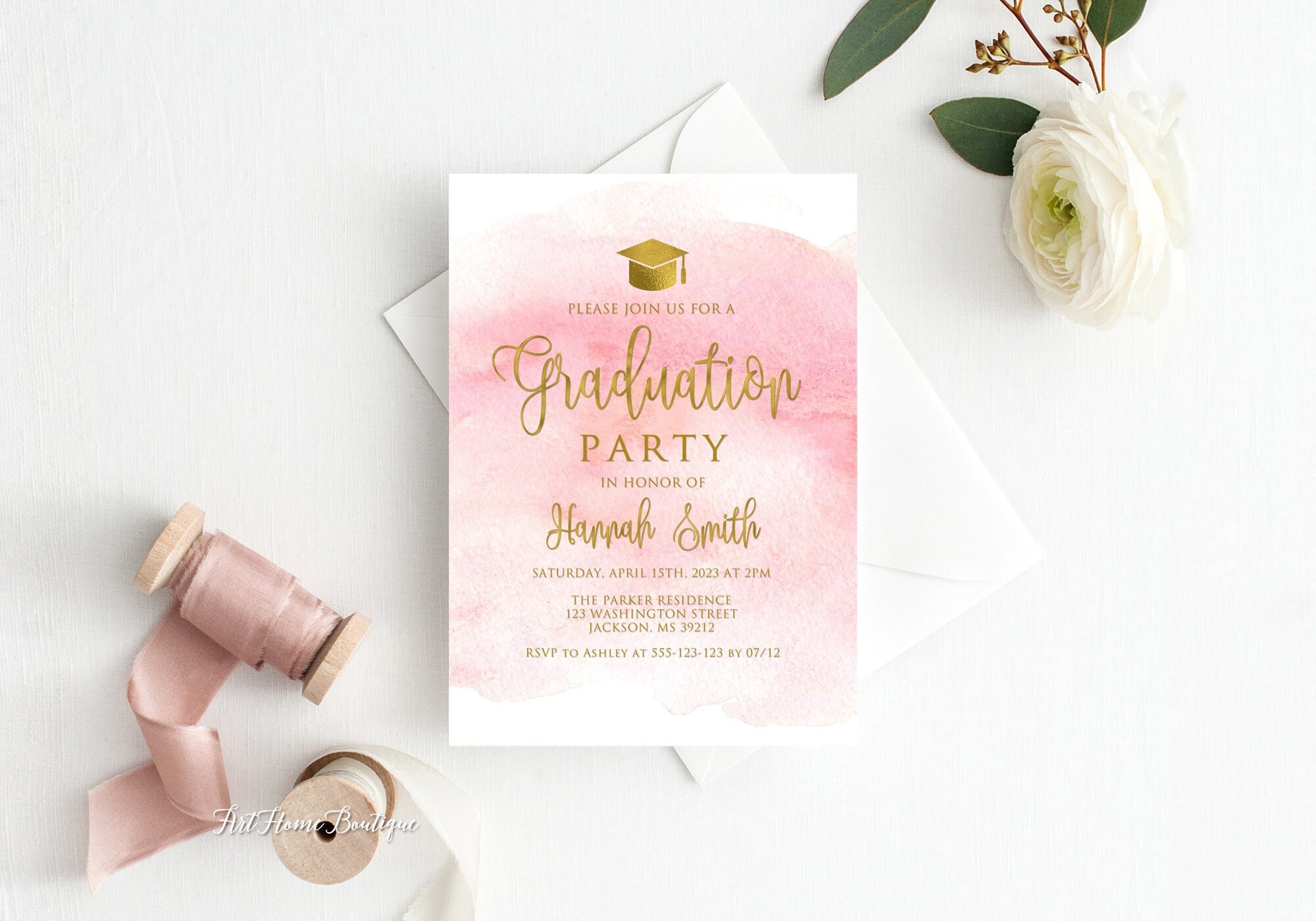 Pink and Gold Graduation Invitation, Pink Watercolor Graduation Invitation, Pink Gold Grad Party Invite, Printable, W897