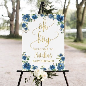 Oh Boy Welcome Sign, Blue Baby Shower Welcome Sign, Greenery Baby Shower, Baby Boy Welcome Sign, Digital file, W1170