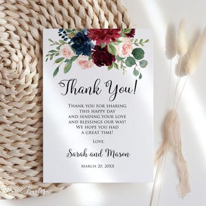 Cartão de agradecimento de casamento em tom azul-marinho-bordô, notas de agradecimento florais, arquivo digital, W411