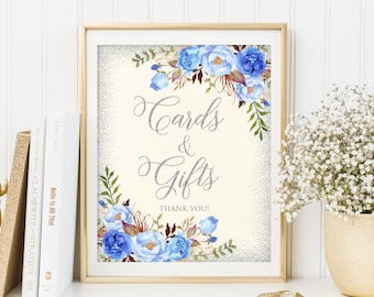 Cartello per biglietti e regali argento e blu, cartello per tavolo regali, cartello floreale stampabile, cartello per matrimonio avorio argento e blu, stampabile, W554