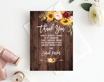 Sunflower Birthday Thank You Card, Rustic Floral Birthday Thanks Card, Thank You Notes, W568