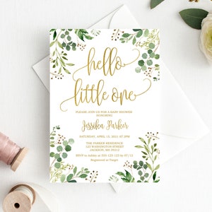 Hello Little One Invitation, Greenery Baby Shower Invitation, Gold Baby Shower Invite, Calligraphy Invitation, Eucalyptus, BS33