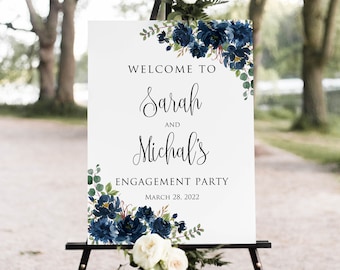 Engagement Party Sign, Navy Welcome Engagement Sign, Welcome to Our Engagement Sign, Blue Flowers, Digital File, W507