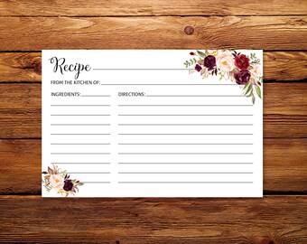 Recipe Card, Recipe Card Printable, Bridal Shower Recipe Card, Recipe Card Templates, 4x6 Recipe Card,Instant Download, W66