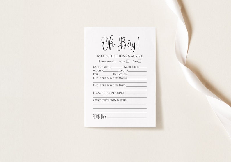May include: A white card with black text that says "Oh Boy!" and "Baby Predictions & Advice". The card has blank lines for guests to write down their predictions for the baby's resemblance, date of birth, weight, length, eyes, hair color, and advice for the new parents.