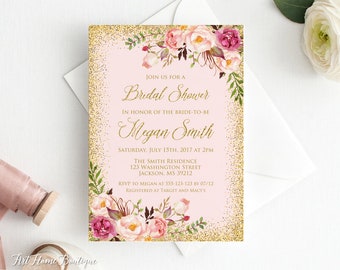 Bridal Shower Invitation, Floral Pink Bridal Shower Invitation, Boho Chic Bridal Shower Invite, Bridal Shower Printable, Pink and Gold, W130