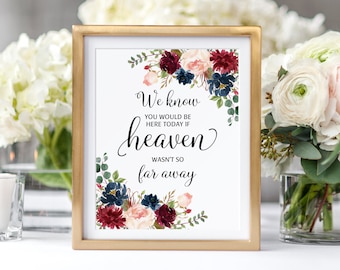 We Know You Would Be Here Today If Heaven Wasn't So Far Away, Floral Memorial Wedding Sign, In Loving Memory, Burgundy, Navy, Marsala, W411