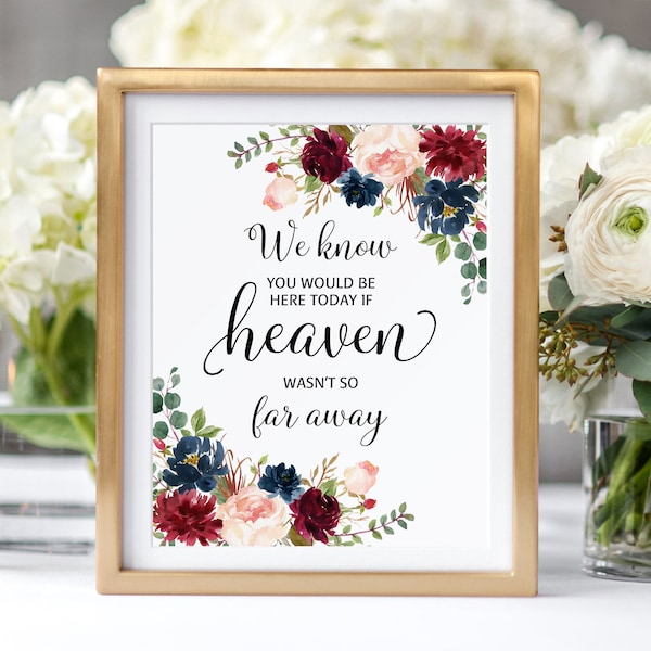 We Know You Would Be Here Today If Heaven Wasn't So Far Away, Floral Memorial Wedding Sign, In Loving Memory, Burgundy, Navy, Marsala, W411