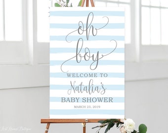 Oh Boy – Blau gestreiftes Willkommensschild für die Babyparty, BS038, Digitale Datei