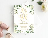 Greenery Baby Shower Invitation, It's a Girl Invitation, Gold Baby Shower Invite, Calligraphy Invitation, Eucalyptus Baby Shower, BS33