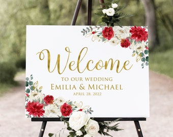 Red Gold Wedding Welcome Sign, Red Floral Welcome Sign, Landscape Welcome Sign, Red and White Flowers, Digital file, W1157
