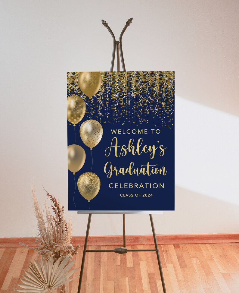 Navy Grad Sign Navy Graduation Party Welcome Sign, Gold Confetti Graduation Sign, Gold ...