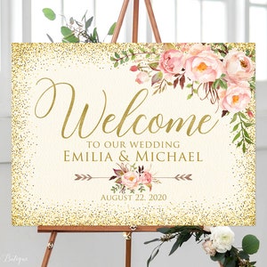 Welcome Wedding Sign, Blush and Gold Welcome To Our Wedding Sign, Landscape Wedding Sign, Cream Wedding Signs, Digital file, W540
