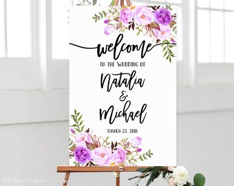 Welcome Wedding Sign, White Welcome Wedding Sign, Large Welcome Sign, Wedding Signs Printable, Printable Welcome Sign, Purple, #W422