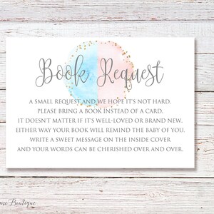 Apportez un livre au lieu d'une carte rose et bleu, hors-texte Apportez un livre pour baby shower, carte de demande de livre bleu rose, fichier numérique, # BS056