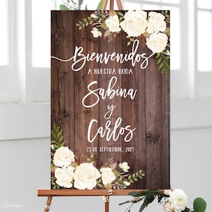 Bienvenidos a Nuestra Boda, Welcome Wedding Sign, Rustic Welcome Wedding Sign, White Roses, Spanish Sign, Digital file, W177-2