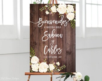 Bienvenidos a Nuestra Boda, Welcome Wedding Sign, Rustic Welcome Wedding Sign, White Roses, Spanish Sign, Digital file, W177