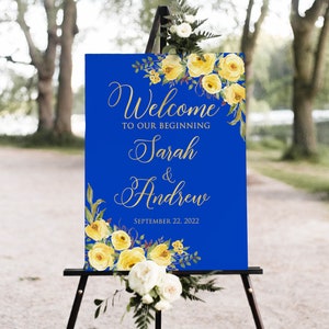 Bienvenido a nuestro signo de inicio, signo de boda de bienvenida azul real y amarillo, signo de bienvenida de boda azul, flores de color amarillo pálido, W1184