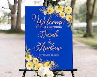 blue and yellow wedding decor