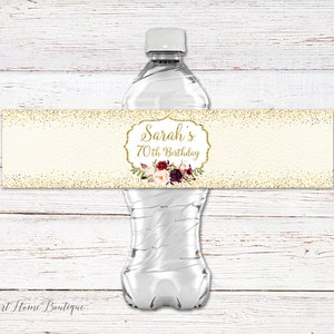 Water Bottle Labels, Any Age Personalized Water Bottle Label, Gold Burgundy Ivory, Digital File, #BW39