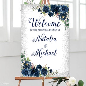 Navy Rehearsal Dinner Welcome Sign, Blue Silver Rehearsal Dinner Welcome Sign, Digital file, W578