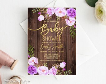 Rustic Floral Baby Shower Invitation, Purple and Gold (Digital Product) BS95