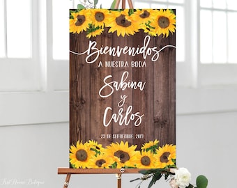 Bienvenidos a Nuestra Boda, Welcome Wedding Sign, Rustic Welcome Wedding Sign, Sunflower Welcome Sign, Spanish Sign, Digital File, W240