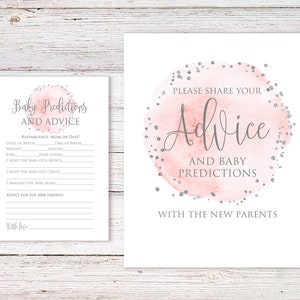 Jeu de pronostics et de conseils pour bébé, panneaux et cartes de conseils pour baby shower roses et gris, téléchargement immédiat, fichier numérique, BS051