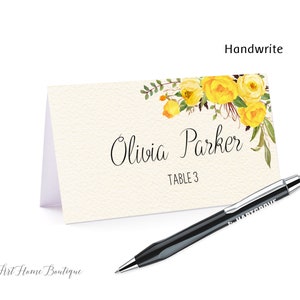 Tarjetas de lugar amarillas, tiendas de campaña de comida, tarjeta de nombre de marfil, tarjeta de asiento, tarjetas de lugar de boda amarillas florales, tarjetas de lugar de despedida de soltera, W715