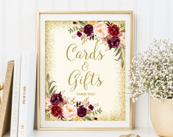 Cards and Gifts Sign, Gift Table Sign, Floral Printable Sign, Ivory Gold Boho Floral Cards and Gifts Sign Printable, W39