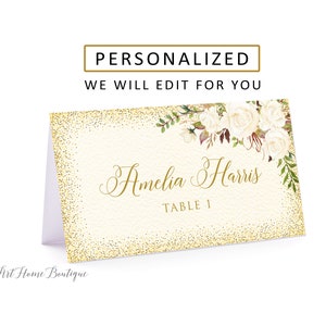 Personalized Place Cards, Floral Place Cards, Ivory Gold Place Cards, Anniversary Place Cards, Floral Name Cards, Digital file, W704
