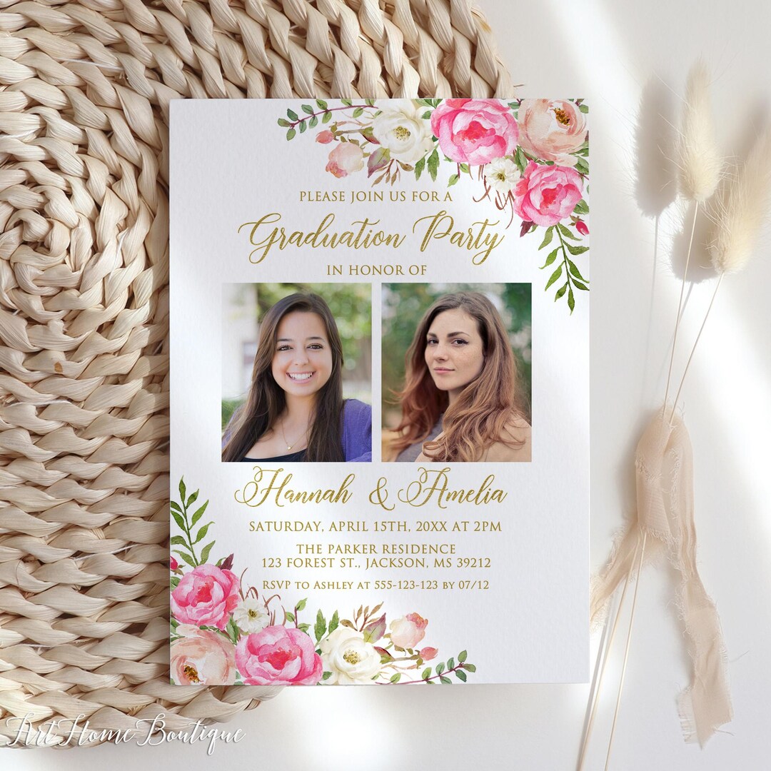 Double Photo Graduation Invitation, Hot Pink Floral Grad Party Invite ...