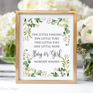 Bord babyshower jongen of meisje, groen, tien vingers, tien kleine tenen, twee kleine ogen, een kleine neus jongen of meisje niemand weet het, BS34